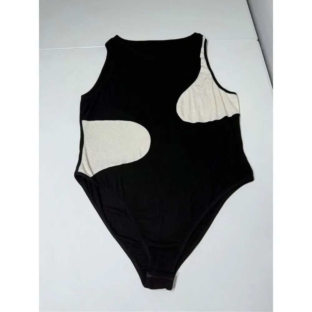 SHEIN CURVE WOMENS TWO TONE ROUND NECKLINE RIBBED TOP BODYSUIT BLACK WHITE SZ3XL